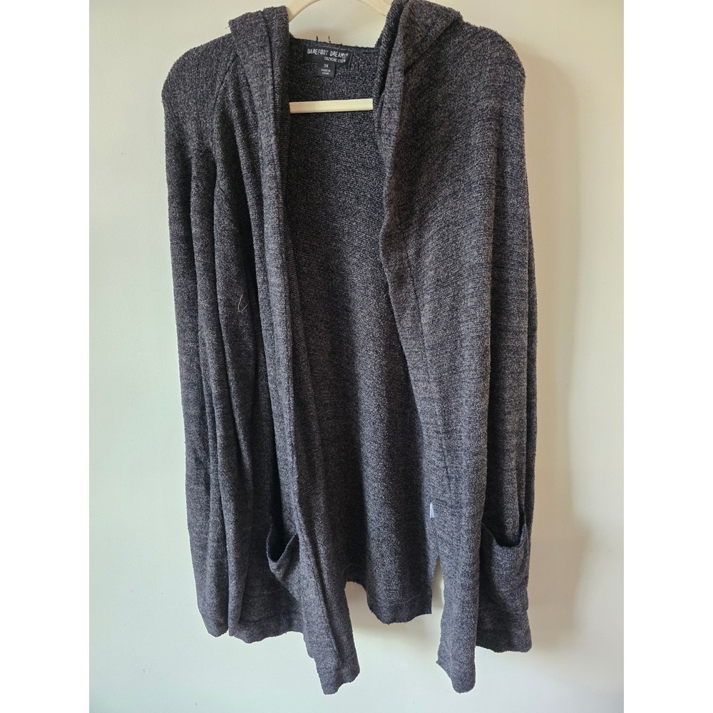 Barefoot Dreams CozyChic Lite Hooded Cardigan Gray 3X Open Front Pockets 905